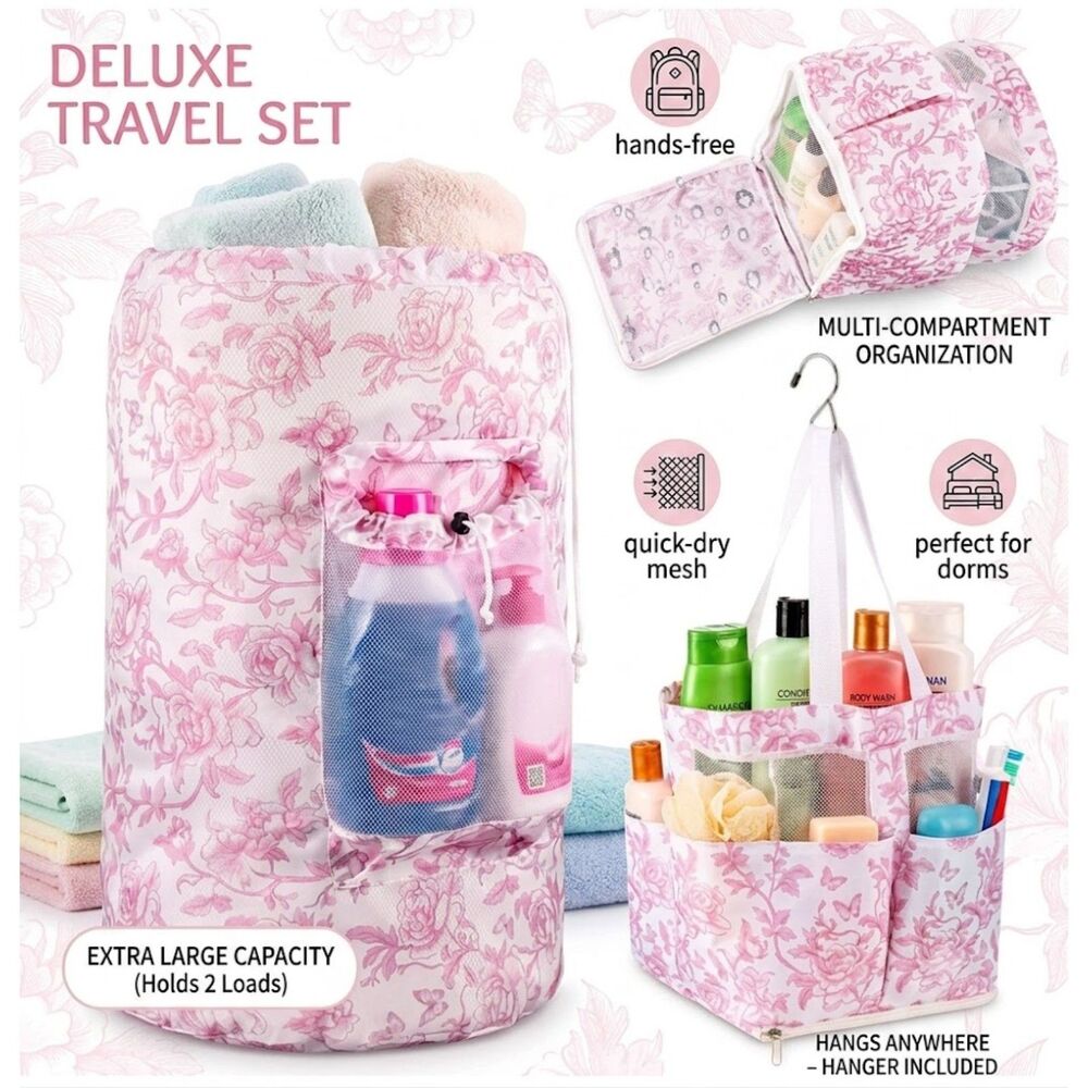 2 Pcs Laundry Backpack & Shower Caddy Set - Pink Dorm Travel Organizers